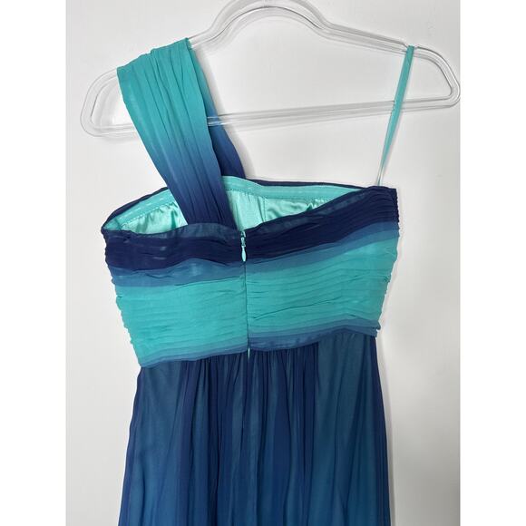2000s BCBG Max Azria Teal Blue Ombre One-Shoulder Chiffon Evening Gown – Size 0 - Picture 8 of 12